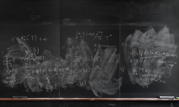 Formulas on chalkboard by mathematician Philippe Michele, from the Do Not Erase series by Jessica Wynne