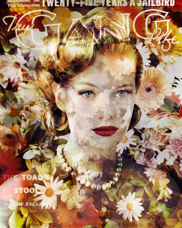 Valerie Belin All Star Black Eyed Susan White Narcissus in Orange (Colour Wonder) portrait of blonde woman with red lipstick and pearl necklace with floral overlay and Gang Life text from comic books