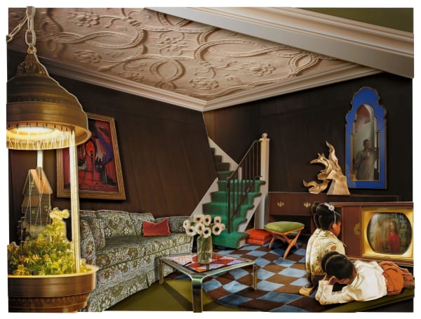 an interior room with wood paneling and two Black girls watching TV with checkered rug and other eclectic decoration and design by Ron Norsworthy