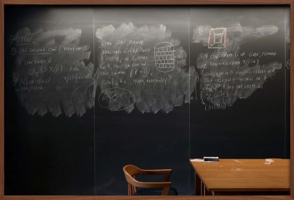 Wall sized chalkboard with erasures and formulas by professor Noga Alon, with wooden chair and desk in front, from the Do Not Erase series by Jessica Wynne