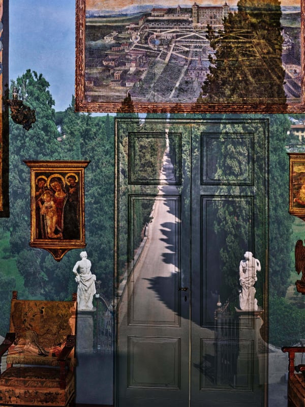 Abelardo Morell Camera Obscura View of Villa Entrance in Blue Gallery Villa la Pietra Florence Italy view of two statues flanking road projected onto wall with Italian paintings