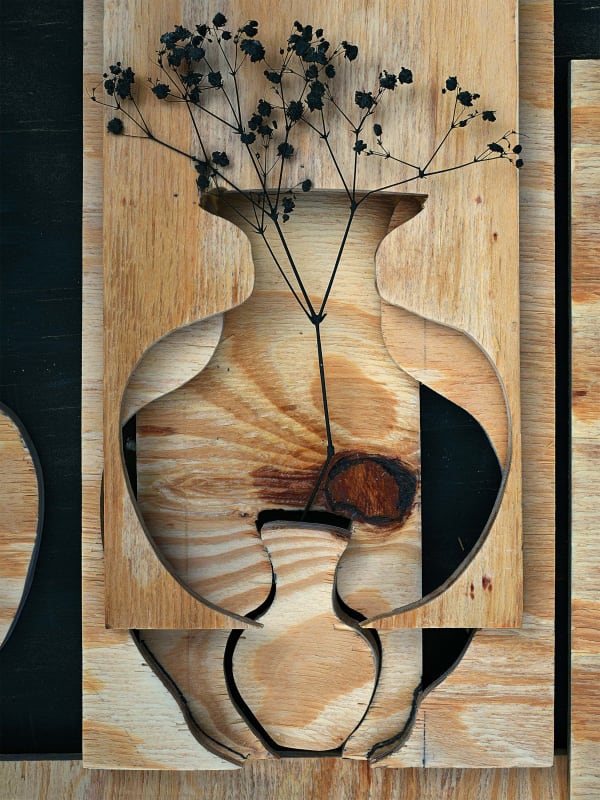 Abelardo Morell Flowers for Lisa #39 After Braque cutout of vases in plywood stacked against each other