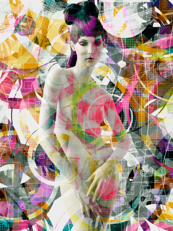 Valérie Belin Ananké Super Models mannequin with multiple exposure image with pink and yellow abstract shapes