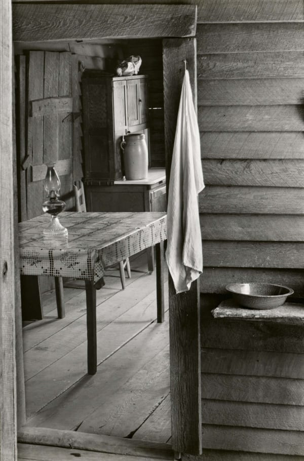 Walker Evans Washroom and Dining Area of Floyd Burroughs interior of wooden house with hanging towel, bowl and kitchen table