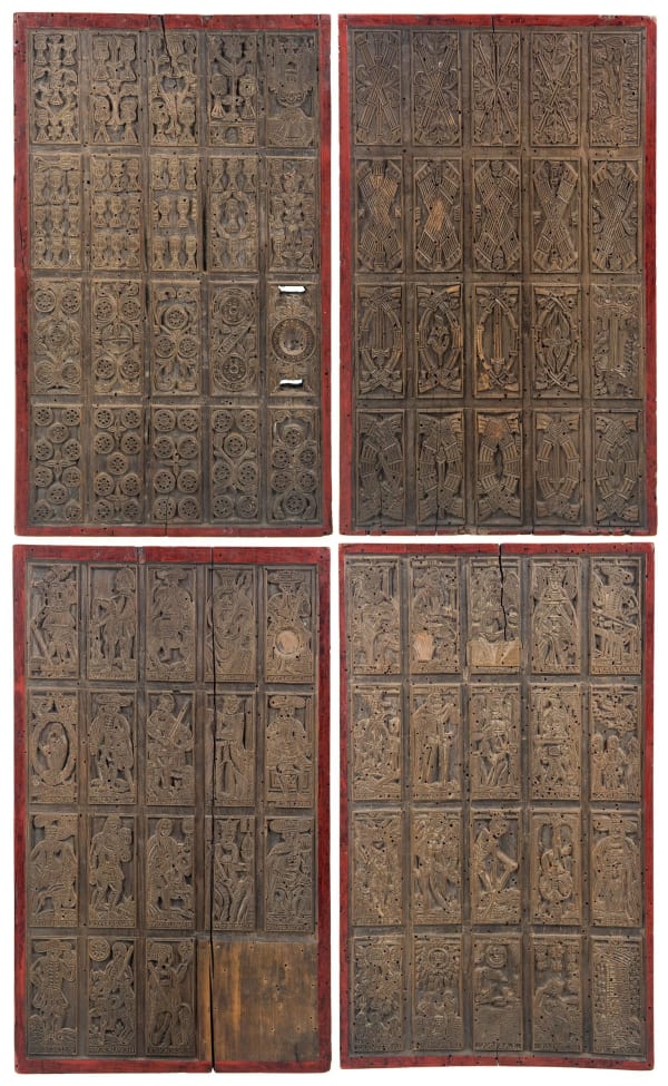 [Woodblocks for Tarot Cards], Four wooden matrices, carved for woodcut printing, corresponding to a complete tarot of 78 cards, 18th century. Probably Northern Italy.