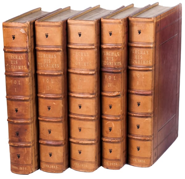 Purchas, Samuel, Purchas his pilgrimes. In five bookes. The first, contayning the voyages and peregrinations made by ancient kings... to and thorow the remoter parts of the knowne world... The second, a description of all the circum-navigations of the globe. The third, na, 1625-1626. London. William Stansby for Henry Featherstone.