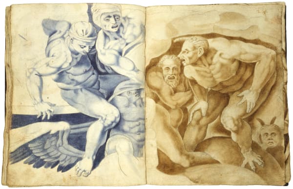[Michelangelo Buonarroti], Album with 70 ink and wash studies after the "Last Judgment", preserving Michelangelo's original fresco designs, S.a. [ca. 1560]. [Rome].