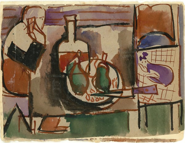 José Gurvich Naturaleza Muerta y personaje, 1948 Tempera on paper 5 7/8 x 7 5/8 in 15 x 19.5 cm