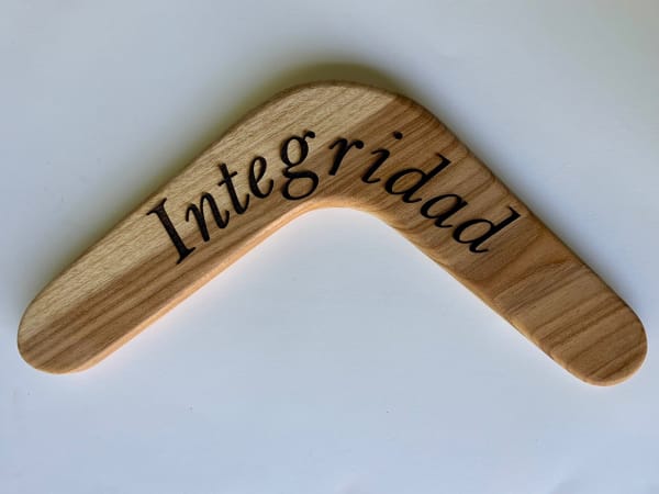 Priscilla Monge Las buenas palabras, Integridad, 2024 Laser engraving on wood 4 x 15 3/4 x 3/4 in 10 x 40 x 2 cm