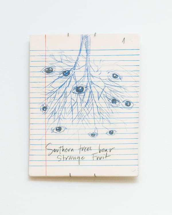 Priscilla Monge Strange fruit (Southern trees bear strange fruit), 2023 Archival ink, colored pencil and charcoal on ball clay 10 1/4 x 8 1/8 in 26 x 20.6 cm