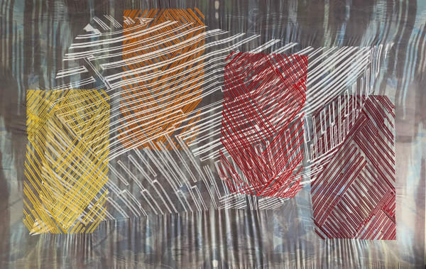 Vargas-Suarez Universal Assembly Sequence XXI, 2018 Embroidery and digital print on synthetic silk 55 x 75 in 139.7 x 190.5 cm Edition of 8 + 1 AP