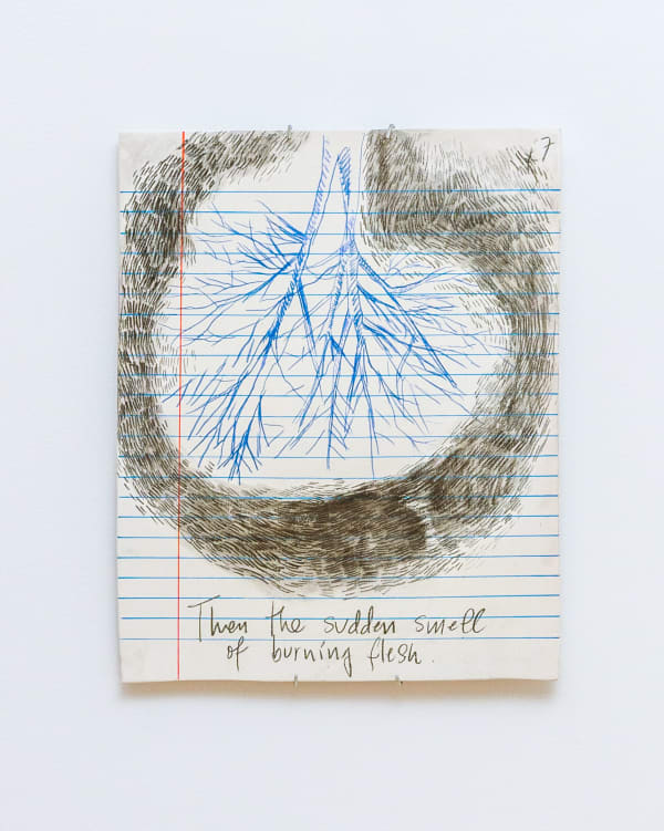 Priscilla Monge Strange fruit (Then the sudden smell of burning flesh), 2023 Archival ink, colored pencil and charcoal on ball clay 10 1/4 x 8 1/8 in 26 x 20.6 cm