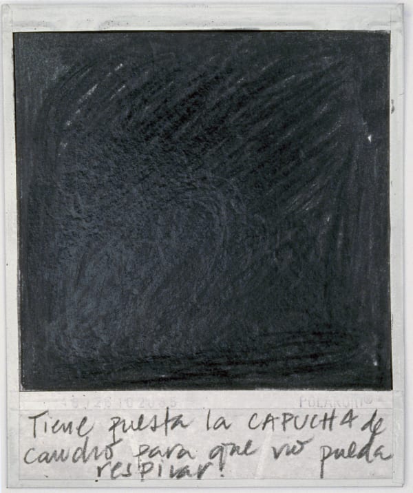 Priscilla Monge Los malos paisajes (Tiene puesta la capucha....), 2021 Polaroid with applied graphite 4 x 3 1/2 in 10.2 x 8.9 cm