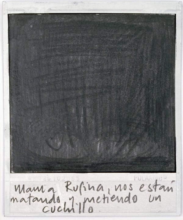 Priscilla Monge Los malos paisajes (Mama Rufina, nos están.....), 2021 Polaroid with applied graphite 4 x 3 1/2 in 10.2 x 8.9 cm