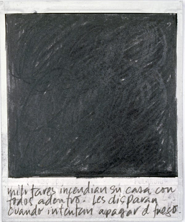 Priscilla Monge Los malos paisajes (Militares incendian su casa....), 2021 Polaroid with applied graphite 4 x 3 1/2 in 10.2 x 8.9 cm