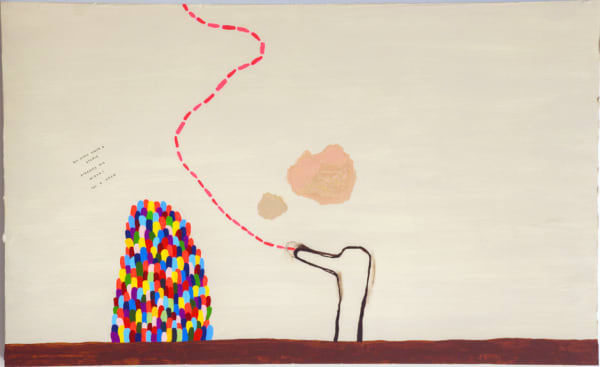 Jennifer Wynne Reeves Art Critic Visits A Studio, Presents His Wiener For A Show, 2002 Acrylic on board 19 x 31 in 48.3 x 78.7 cm