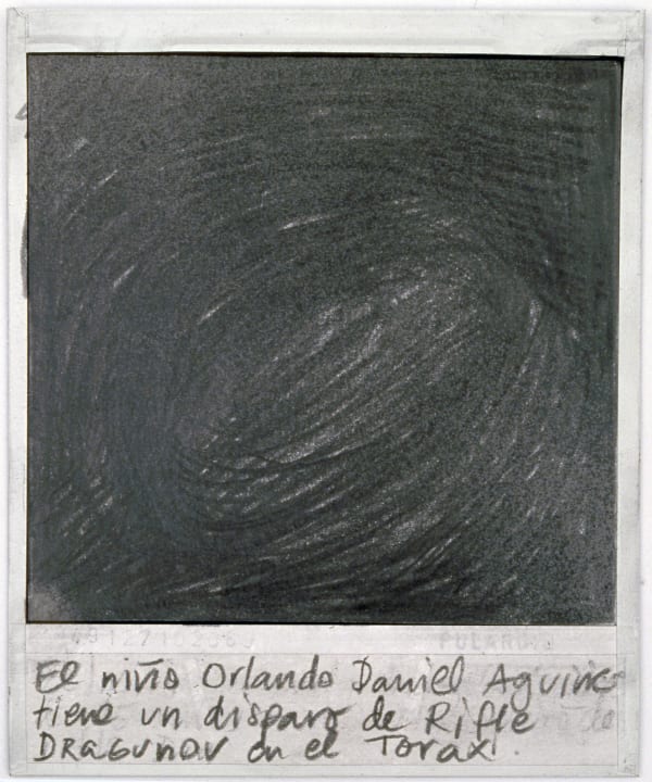 Priscilla Monge Los malos paisajes (El niño Orlando Daniel....), 2021 Polaroid with applied graphite 4 x 3 1/2 in 10.2 x 8.9 cm