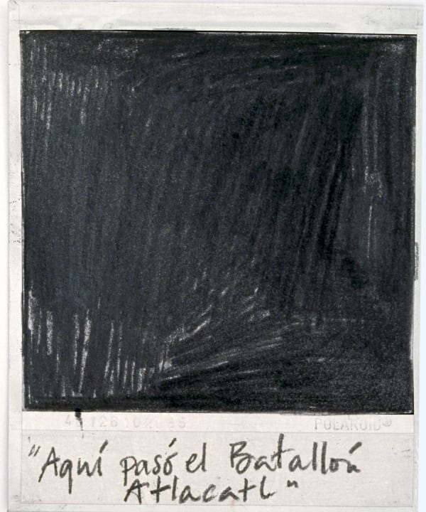 Priscilla Monge Los malos paisajes (Aquí pasó el Batallón...), 2021 Polaroid with applied graphite 4 x 3 1/2 in 10.2 x 8.9 cm