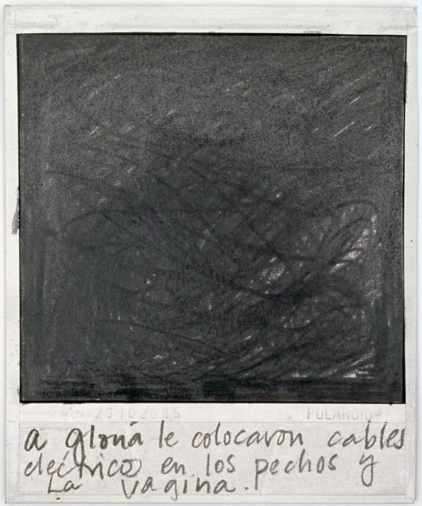 Priscilla Monge Los malos paisajes (A Gloria le colocaron....), 2021 Polaroid with applied graphite 4 x 3 1/2 in 10.2 x 8.9 cm
