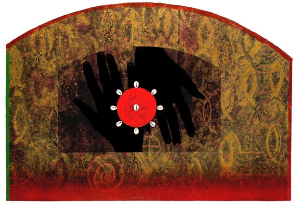 Juan Sánchez Cimarrón, 2004 Collagraph/Photolithograph/Chine Colle/ Handcoloring/ Cowrie shells on handmade paper 27 x 38 in 68.6 x 96.5 cm Edition of 16 (Edition record)