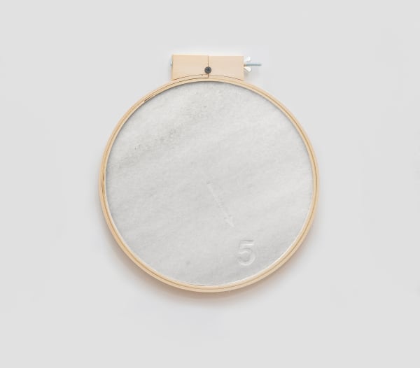 Priscilla Monge Instrumento de medición, 2014 Engraved marble and embroidery hoop Diameter: 11 3/4 in 30 cm