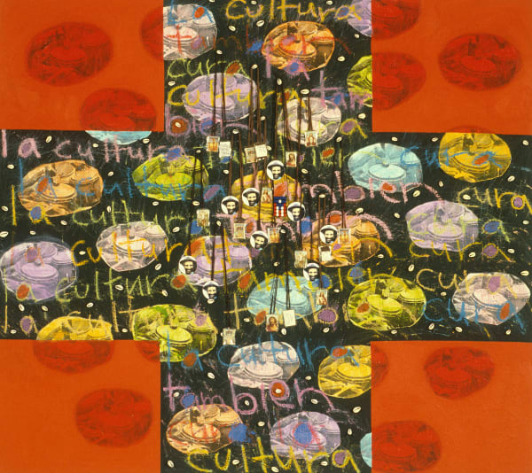 Juan Sánchez Manny in Bembé Heaven, 1995 Oil and mixed media collage on wood panel 50 x 56 in 127 x 142.2 cm