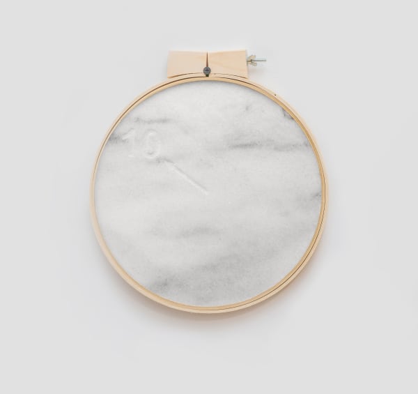 Priscilla Monge Instrumento de medición, 2014 Engraved marble and embroidery hoop Diameter: 11 3/4 in 30 cm