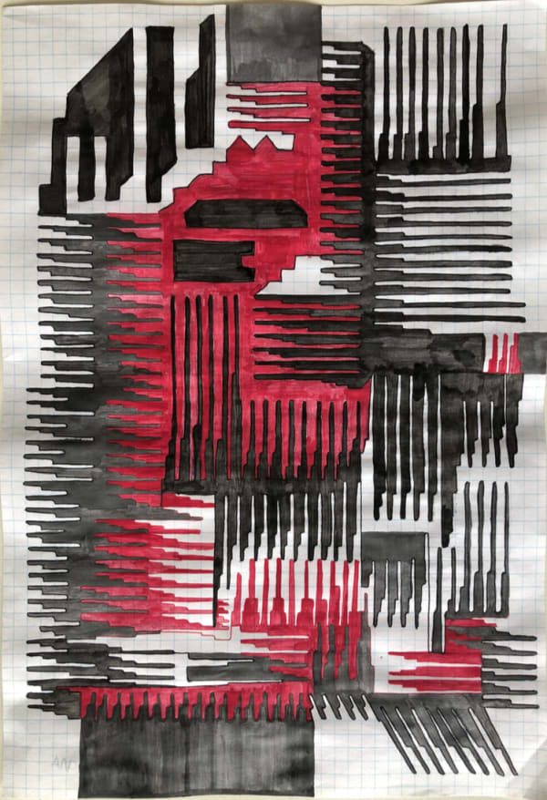 Vargas-Suarez Universal Graphed Vectors 30, 2021 Ballpoint pen and gouache on graph paper 11 3/4 x 8 in 29.8 x 20.3 cm