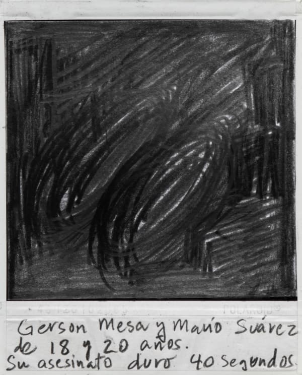 Priscilla Monge Los malos paisajes (Gerson Mesa y Mańo Suarez....), 2021 Polaroid with applied graphite 4 x 3 1/2 in 10.2 x 8.9 cm