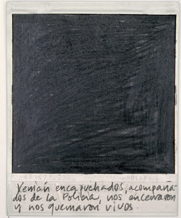 Priscilla Monge Los malos paisajes (Venián encapuchados...), 2021 Polaroid with applied graphite 4 x 3 1/2 in 10.2 x 8.9 cm