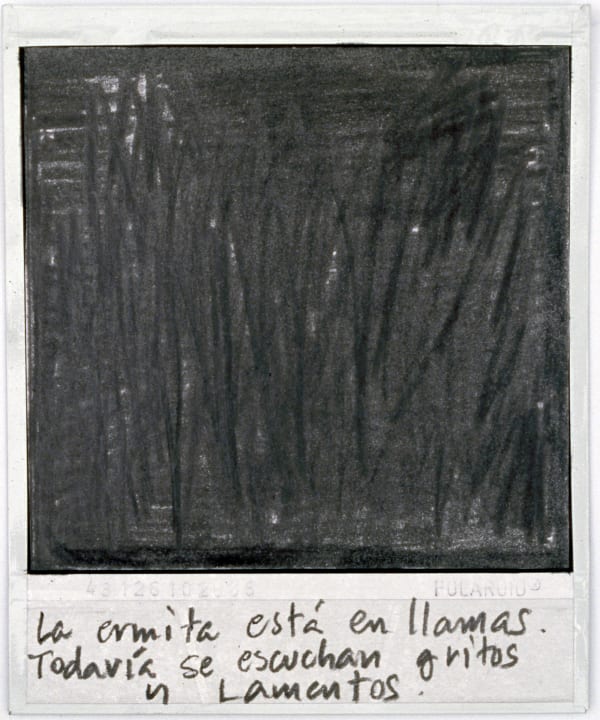 Priscilla Monge Los malos paisajes (La ermita está en llamas....), 2021 Polaroid with applied graphite 4 x 3 1/2 in 10.2 x 8.9 cm