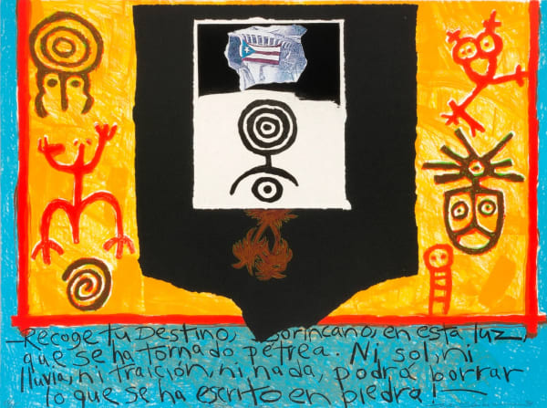 Juan Sánchez Escrito en Piedra (Guariquen: Images and Words Rican/Structed series), 1987 Signed, titled, dated 86, numbered AP 1/5 Lithography, etching, color xerox, hand coloring, chine collé 22 1/2 x 30 1/8 in 57 x 76.4 cm Edition of 25 (Edition record)