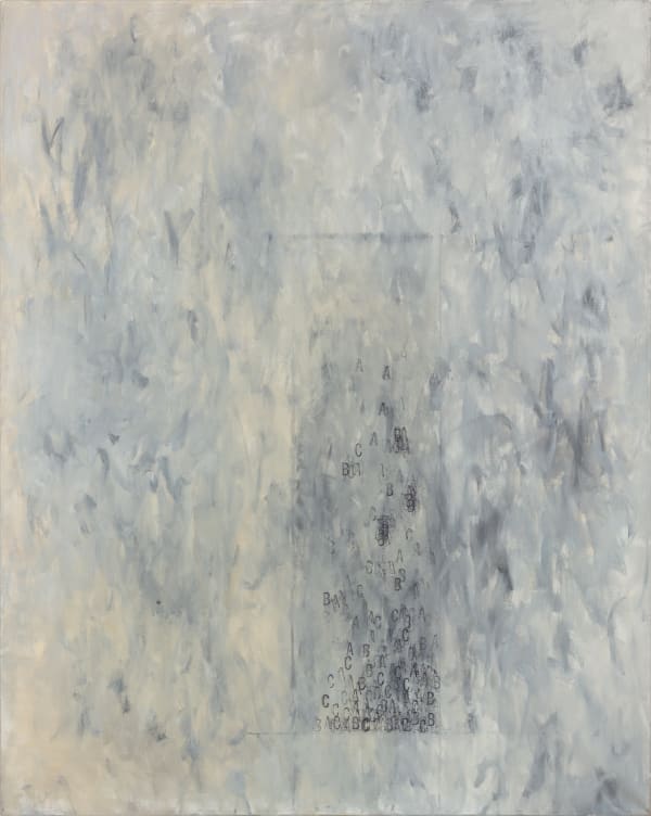 Raquel Rabinovich Chhodrtens 7, 1986-88 Oil, pencil, rubber stamped ink, and wax on linen 40 x 50 in 101.6 x 127 cm