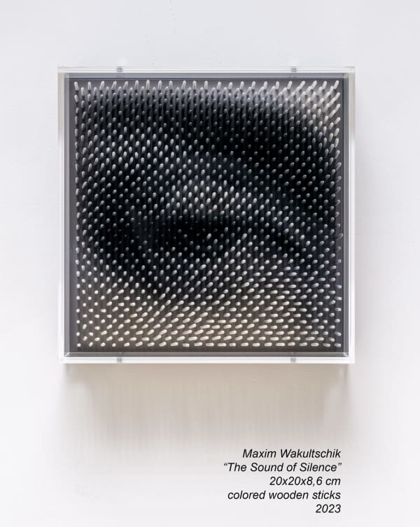 Maxim Wakultschik The Sound of Silence, 2023 Optical toothpicks behind plexiglass 20 x 20 x 9 cm 7 ⅞ x 7 ⅞ x 3 ½ in