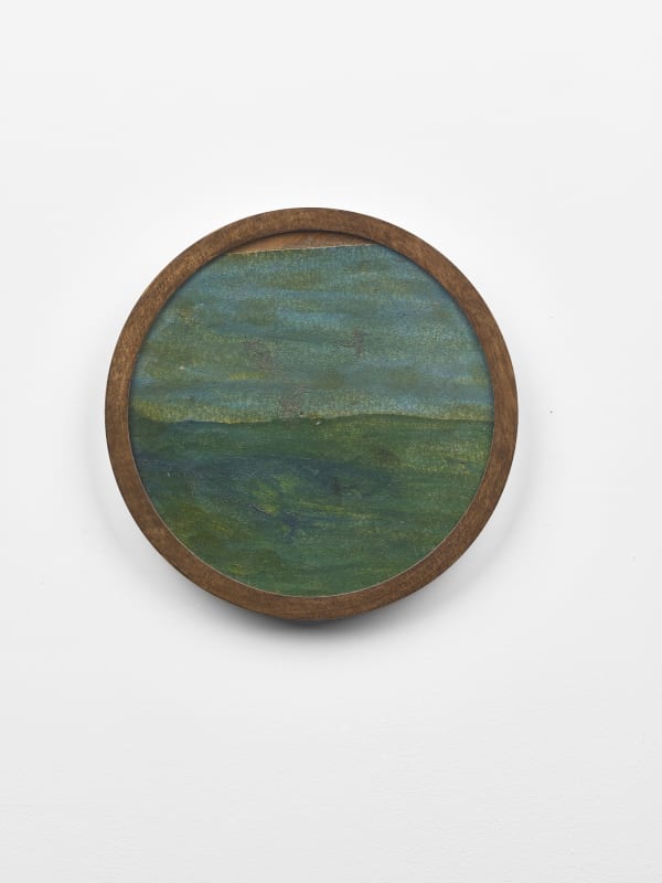 Frank Walter Untitled (Green land, blue-green sky) oil on biocomposite material, backed with Masonite 22.4 cm diameter
