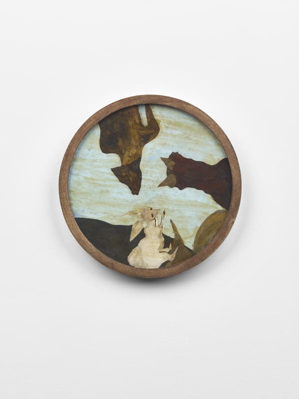 Frank Walter Untitled (Dog and wolf-like animals) Oil on biocomposite material with Masonite backing 21.5 cm diameter