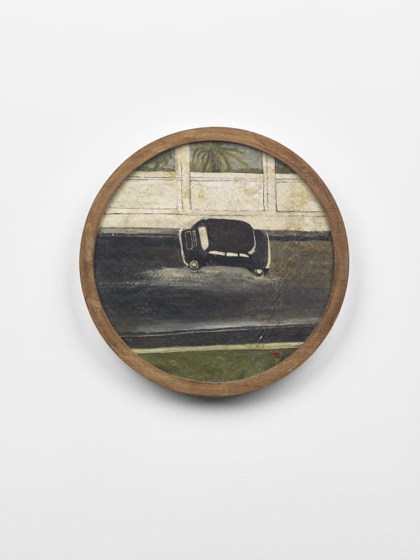 Frank Walter Untitled (Black car parked on street) oil on biocomposite material, backed with Masonite 22.6 cm diameter