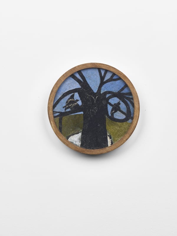 Frank Walter Untitled (Abstract black tree trunk and branches) Oil on pressed fibre with Masonite backing 17.6 cm diameter Sold