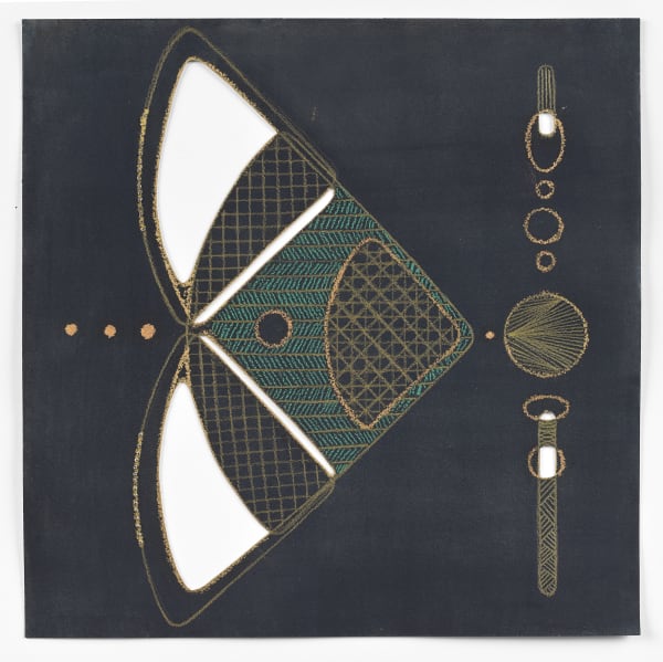 Johanna Unzueta June Zwischi 2023, February Berlin 2024, 2024 Paper tinted with pigment from anil indigo and wild berries, pastel pencil, oil sticks, gold watercolour pencil, cut paper and needlepoint 41 x 41 cm (framed) 16 1/8 x 16 1/8 in