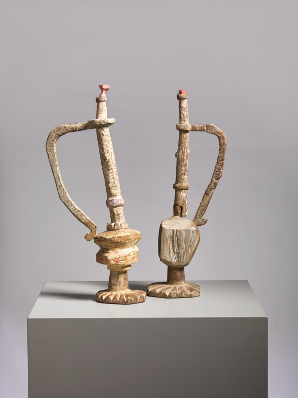 Joel Tomlin Conversation 01, 2023 found wood and beeswax with tempera paint 45 x 20 x 10 cm 17 3/4 x 7 7/8 x 4 in (part 1) 43 x 18 x 11 cm 16 7/8 x 7 1/8 x 4 3/8 in (part 2)