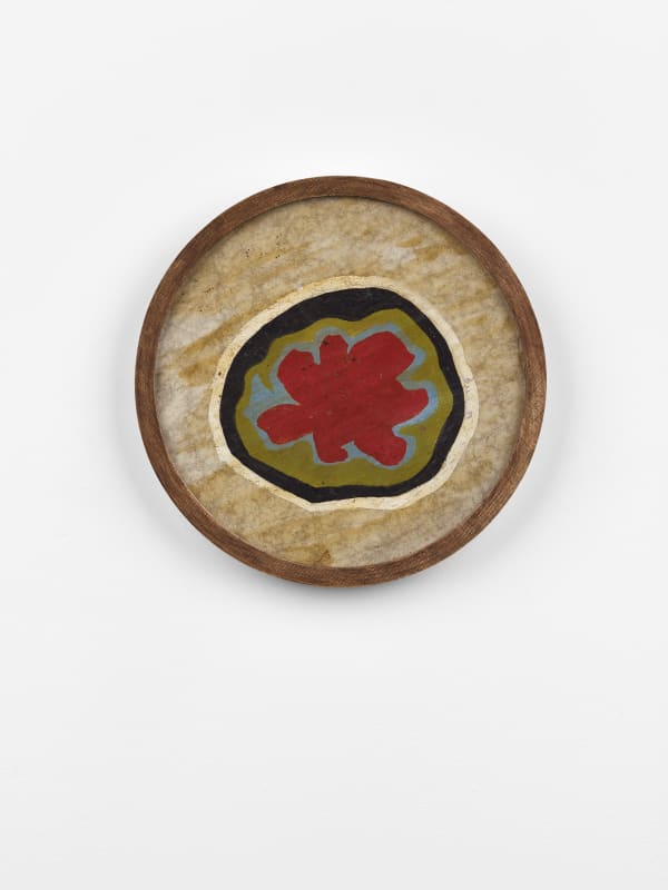 Frank Walter Untitled (Abstraction of Antigua in Red) Oil on biocomposite material with Masonite backing 21.5 cm diameter