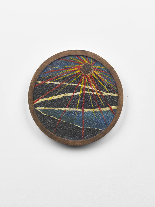 Frank Walter Untitled (Sun rays in red and yellow) oil on biocomposite material, backed with Masonite 21.6 cm diameter