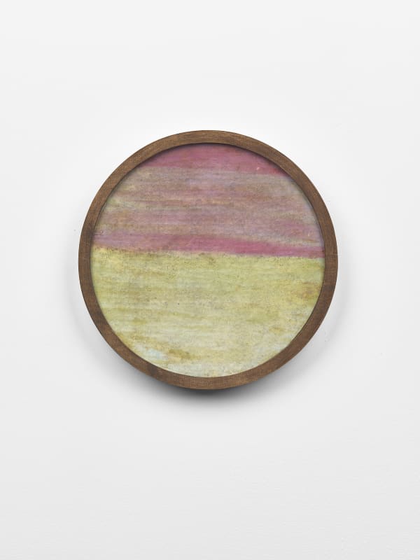 Frank Walter Untitled (Pink sky, green water) oil on biocomposite material, backed with Masonite 21.5 cm diameter