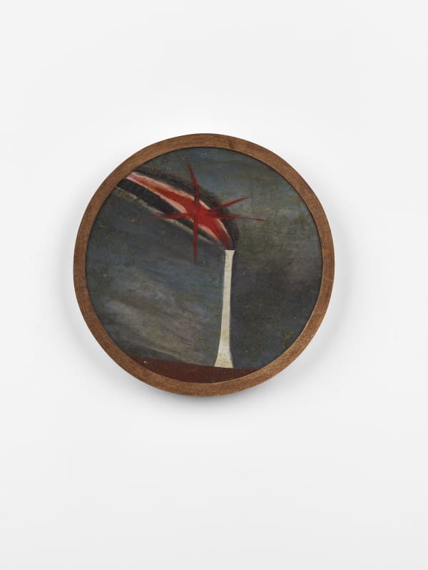 Frank Walter Untitled (Smokestack at night) oil on biocomposite material, backed with Masonite 21.6 cm diameter