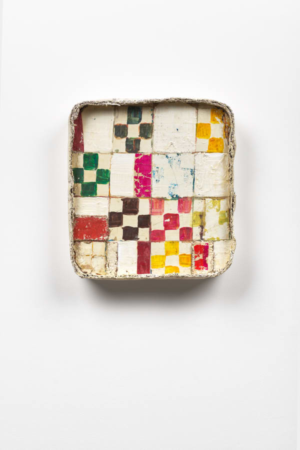 Mirco Marchelli Giardino d'amore, 2024 White cement, acrylic, paper, jute, tempera and wax on wood panel 44.5 x 43 cm 17 1/2 x 16 7/8 in