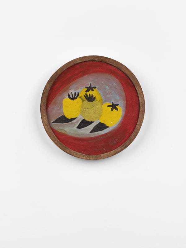 Frank Walter Untitled (Four persimmons) oil on biocomposite material, backed with Masonite 19.5 cm diameter
