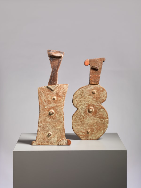 Joel Tomlin Dulcimers, 2023 found wood and beeswax with tempera paint 41 x 17 x 11 cm 16 1/8 x 6 3/4 x 4 3/8 in (part 1) 37 x 16 x 9.5 cm 14 5/8 x 6 1/4 x 3 3/4 in (part 2)