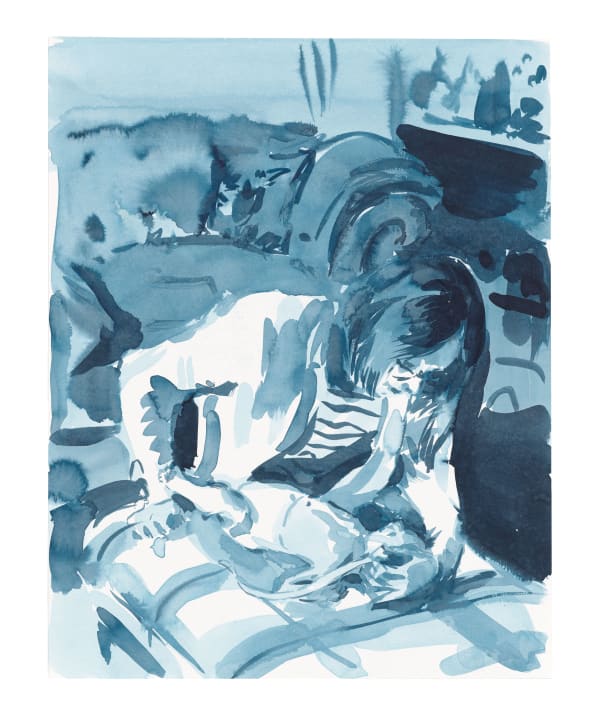 Caroline Walker Sarah Measuring Laurie's Head, 2024 ink on paper 53.7 x 43.7 cm (framed) 21 1/8 x 17 1/4 in