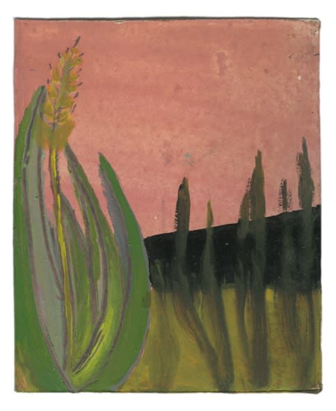 Frank Walter Landscape Series: Pink Sky with Flowering Plant oil on Polaroid card 10 cm x 8.2 cm 32.2 x 29.7 cm framed