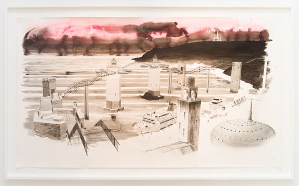 Charles Avery Untitled (Gates of Onomatopoeia with the bearded loon in the foreground), 2019 pencil, acrylic, ink and watercolour on paper 216.5 x 380 cm 85 1/4 x 149 5/8 in (paper)